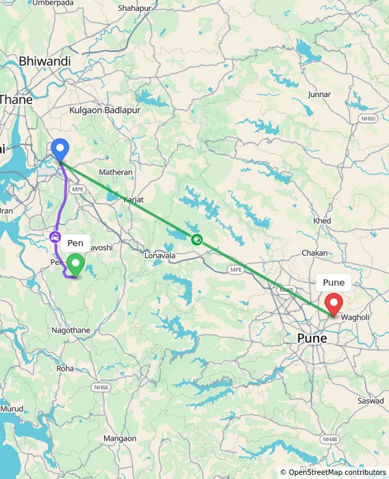 Route map showing distance and travel time from Pen, India to Pune, India