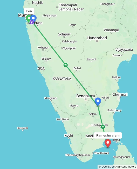 Route map showing distance and travel time from Pen, India to Rameshwaram, India