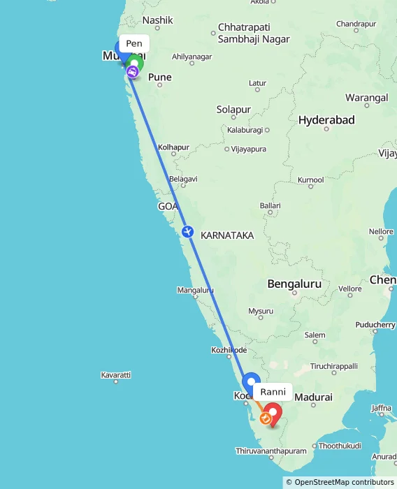 Route map showing distance and travel time from Pen, India to Ranni, India