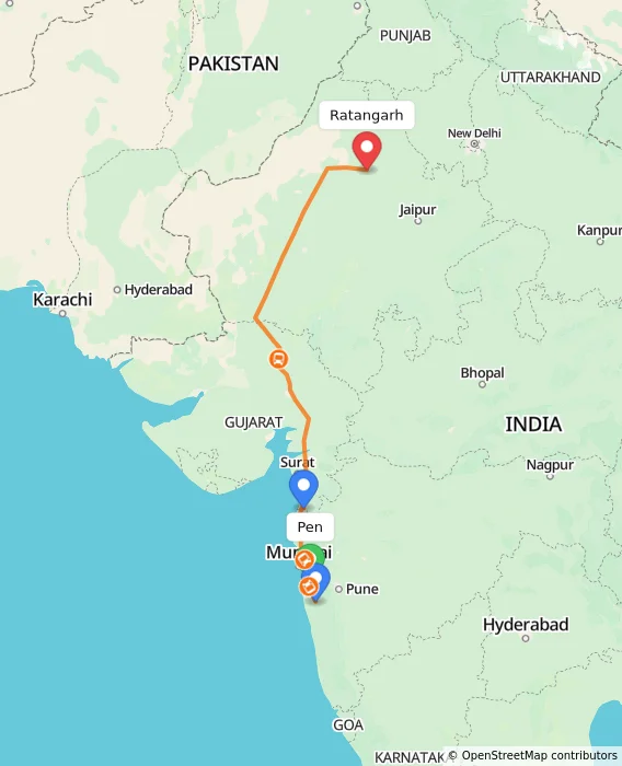 Route map showing distance and travel time from Pen, India to Ratangarh, India