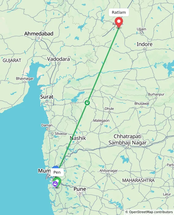 Route map showing distance and travel time from Pen, India to Ratlam, India