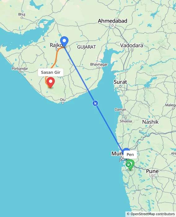 Route map showing distance and travel time from Pen, India to Sasan Gir, India