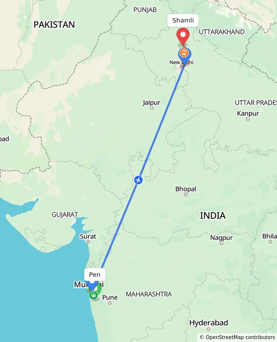 Route map showing distance and travel time from Pen, India to Shamli, India