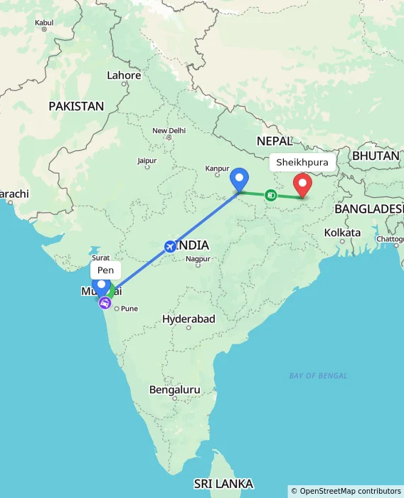 Route map showing distance and travel time from Pen, India to Sheikhpura, India