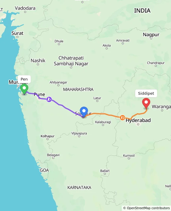 Route map showing distance and travel time from Pen, India to Siddipet, India