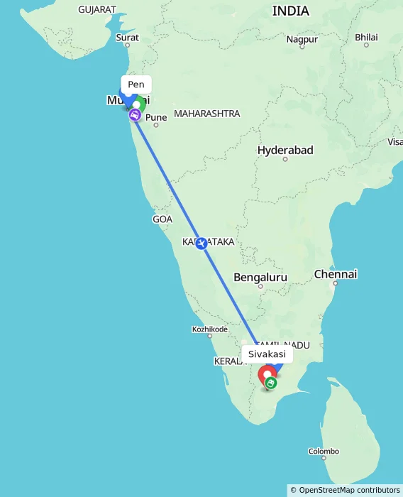 Route map showing distance and travel time from Pen, India to Sivakasi, India