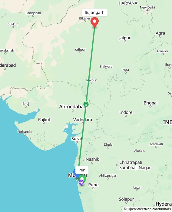 Route map showing distance and travel time from Pen, India to Sujangarh, India