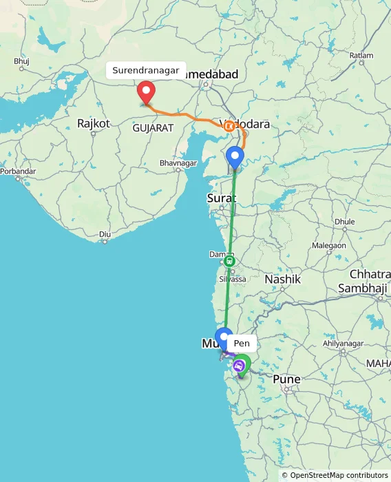 Route map showing distance and travel time from Pen, India to Surendranagar, India