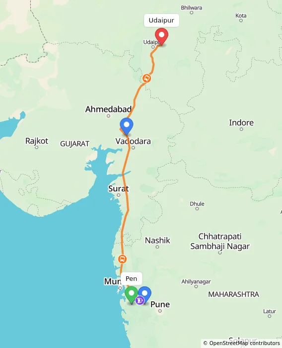 Route map showing distance and travel time from Pen, India to Udaipur, India