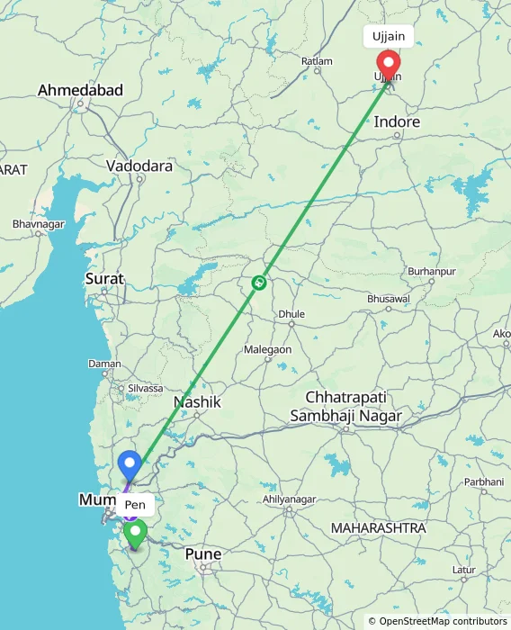 Route map showing distance and travel time from Pen, India to Ujjain, India