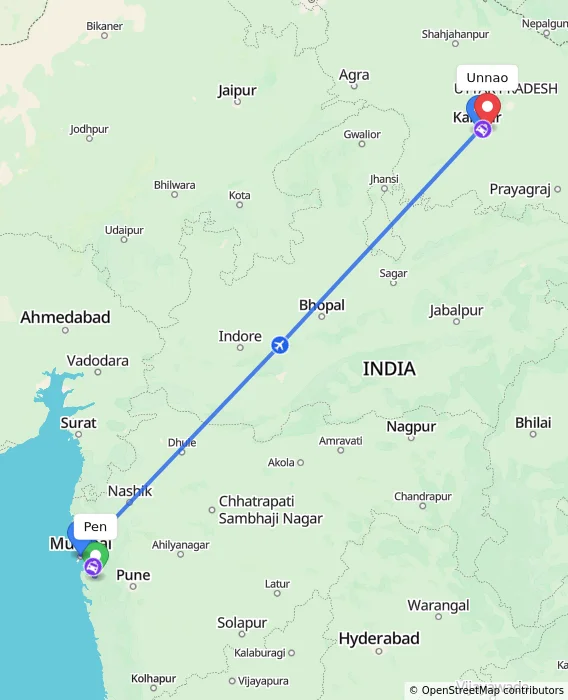 Route map showing distance and travel time from Pen, India to Unnao, India
