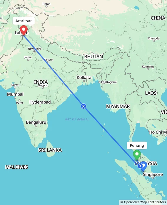 Route map showing distance and travel time from Penang, Malaysia to Amritsar, India