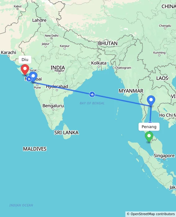 Route map showing distance and travel time from Penang, Malaysia to Diu, India