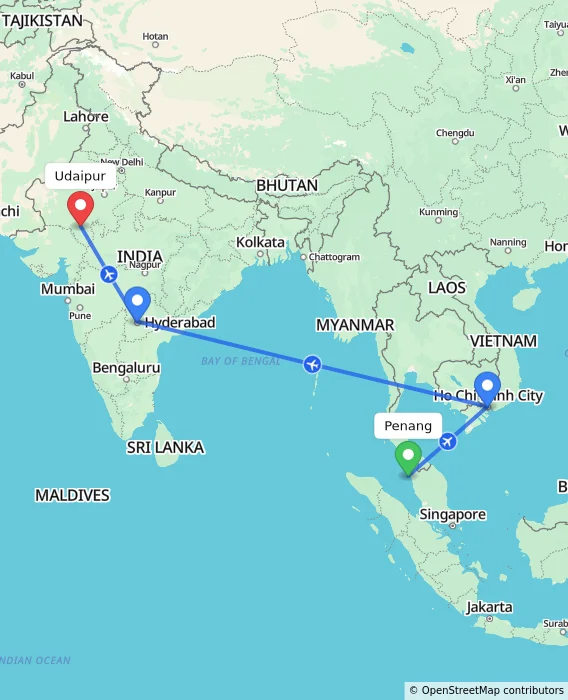 Route map showing distance and travel time from Penang, Malaysia to Udaipur, India
