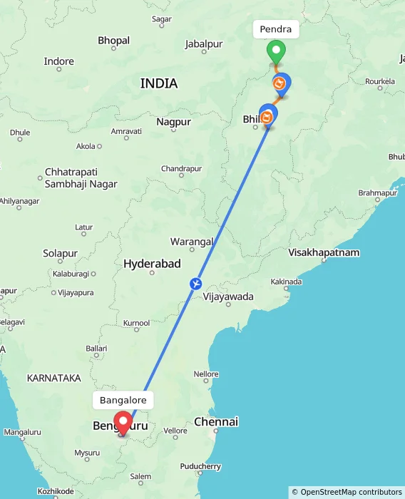 Route map showing distance and travel time from Pendra, India to Bangalore, India