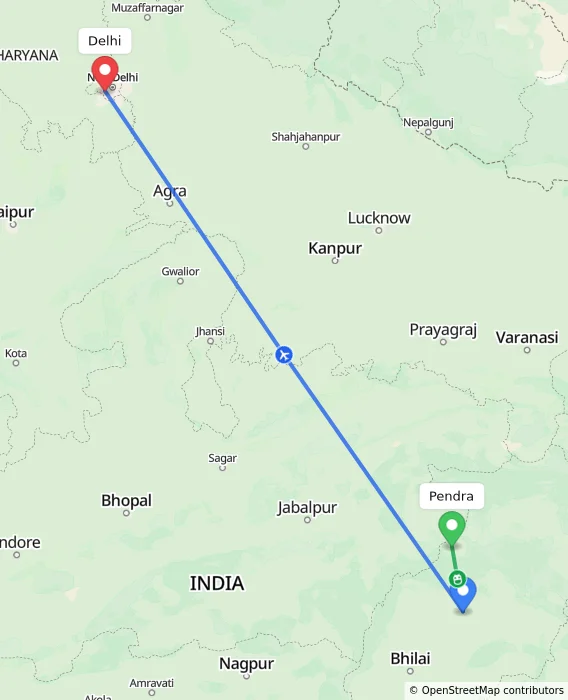 Route map showing distance and travel time from Pendra, India to Delhi, India