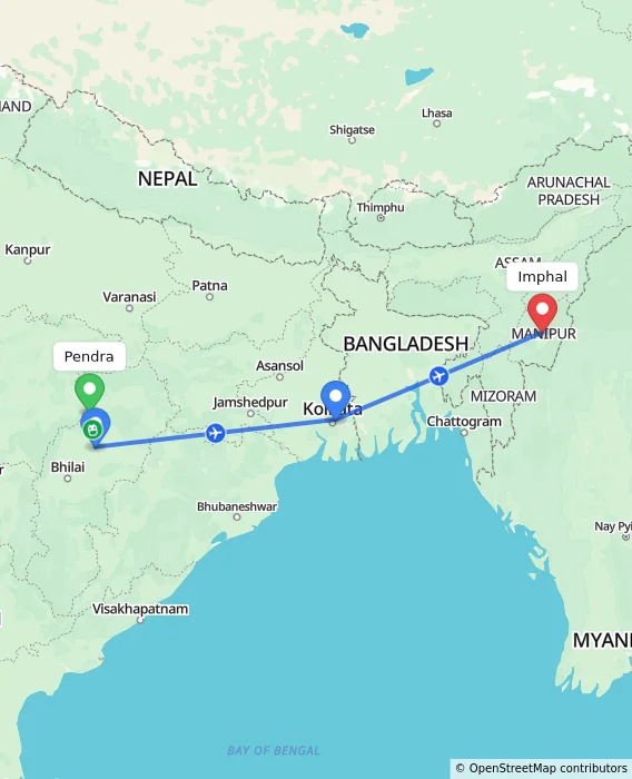 Route map showing distance and travel time from Pendra, India to Imphal, India