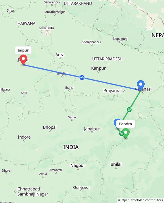 Route map showing distance and travel time from Pendra, India to Jaipur, India