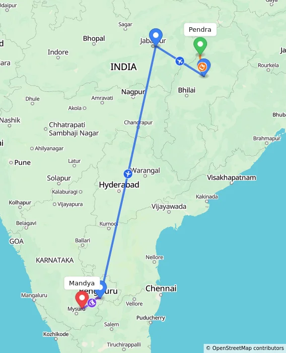 Route map showing distance and travel time from Pendra, India to Mandya, India