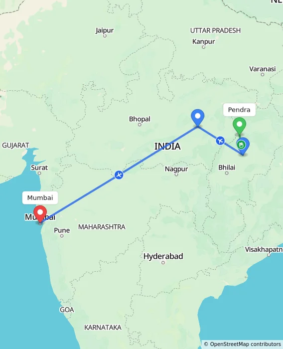 Route map showing distance and travel time from Pendra, India to Mumbai, India