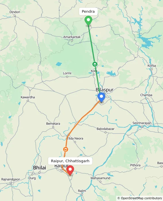 Route map showing distance and travel time from Pendra, India to Raipur, Chhattisgarh, India