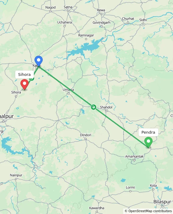 Route map showing distance and travel time from Pendra, India to Sihora, India