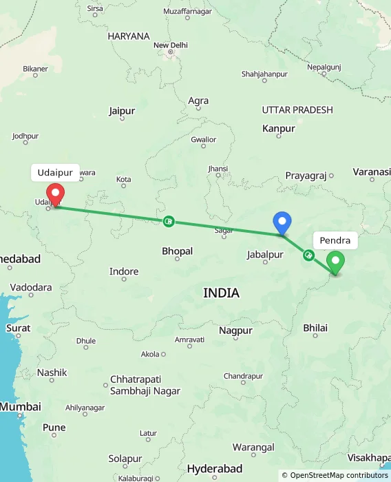 Route map showing distance and travel time from Pendra, India to Udaipur, India