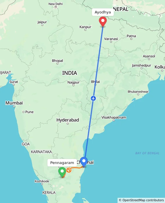 Route map showing distance and travel time from Pennagaram, India to Ayodhya, India