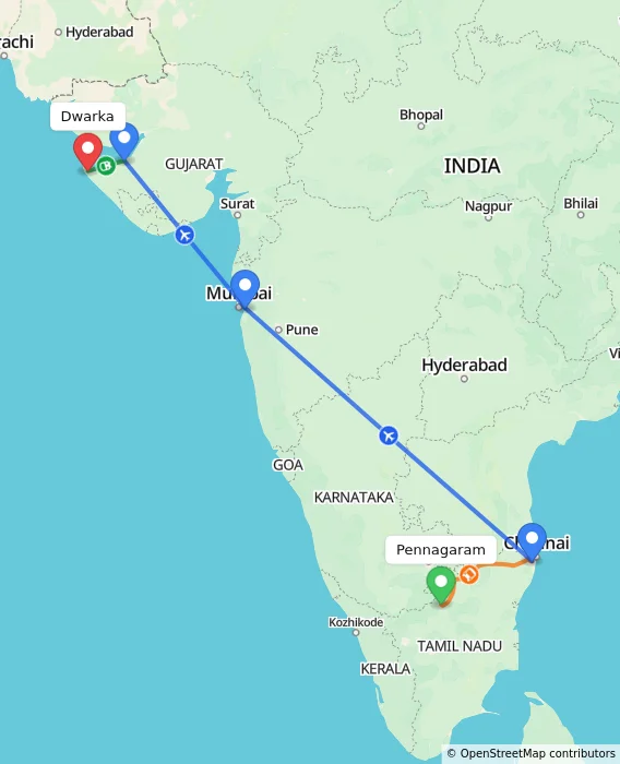Route map showing distance and travel time from Pennagaram, India to Dwarka, India
