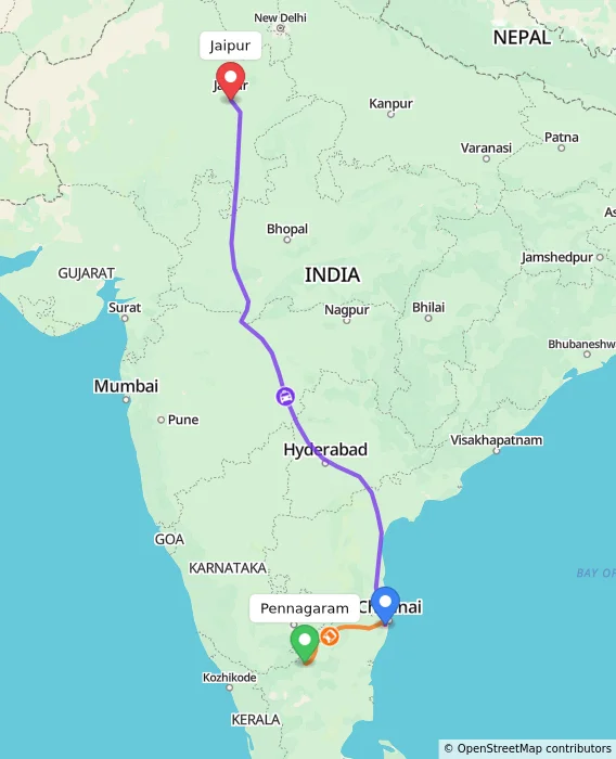 Route map showing distance and travel time from Pennagaram, India to Jaipur, India