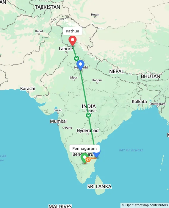 Route map showing distance and travel time from Pennagaram, India to Kathua, India