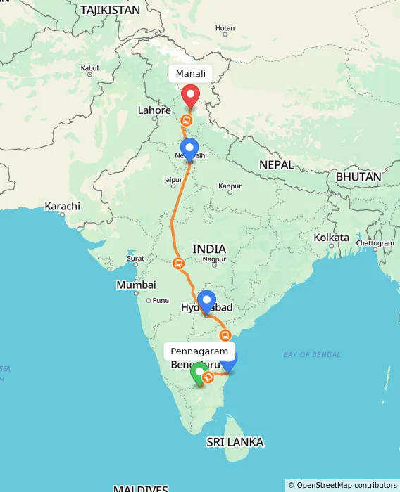 Route map showing distance and travel time from Pennagaram, India to Manali, India