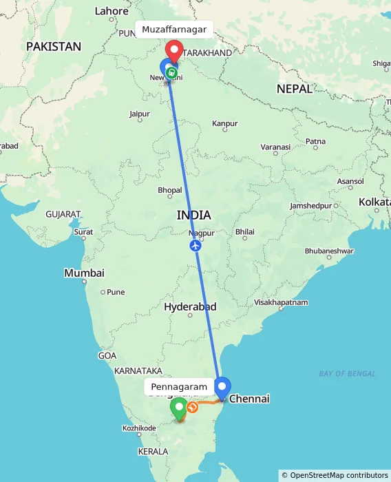 Route map showing distance and travel time from Pennagaram, India to Muzaffarnagar, India