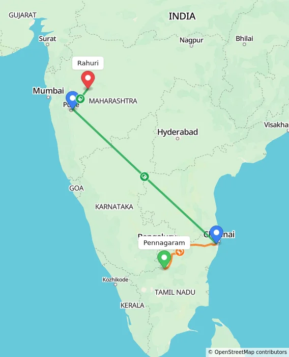 Route map showing distance and travel time from Pennagaram, India to Rahuri, India