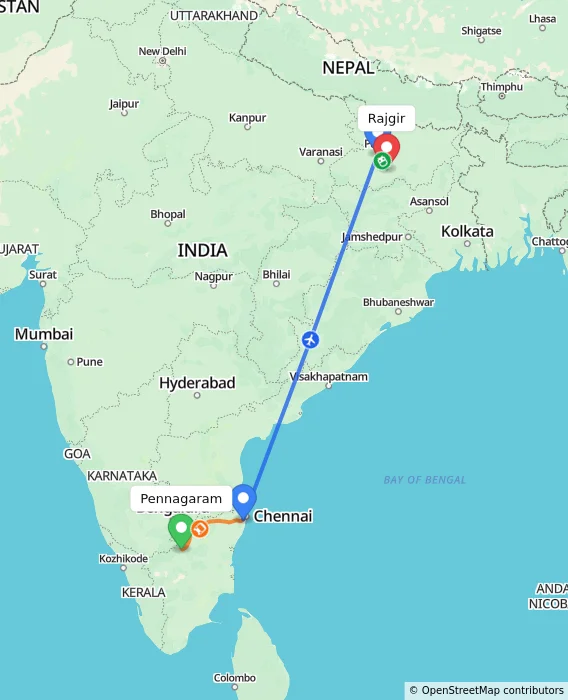Route map showing distance and travel time from Pennagaram, India to Rajgir, India