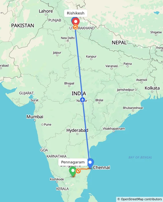 Route map showing distance and travel time from Pennagaram, India to Rishikesh, India