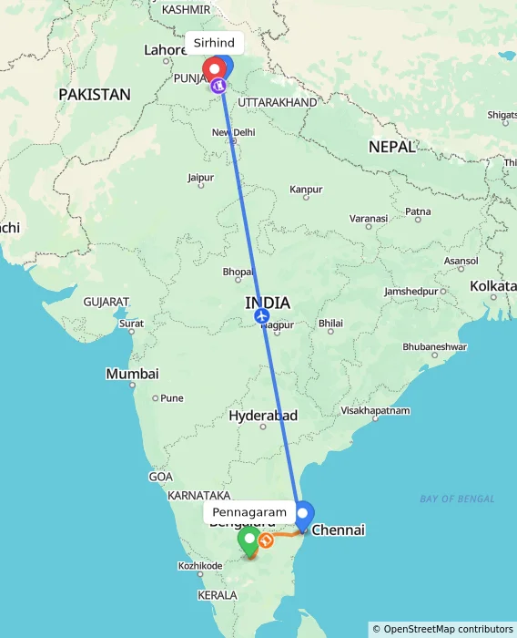 Route map showing distance and travel time from Pennagaram, India to Sirhind, India