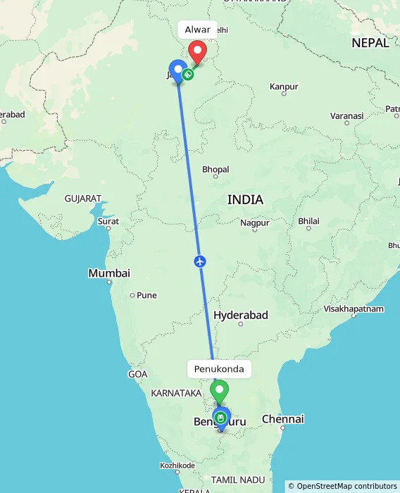 Route map showing distance and travel time from Penukonda, India to Alwar, India