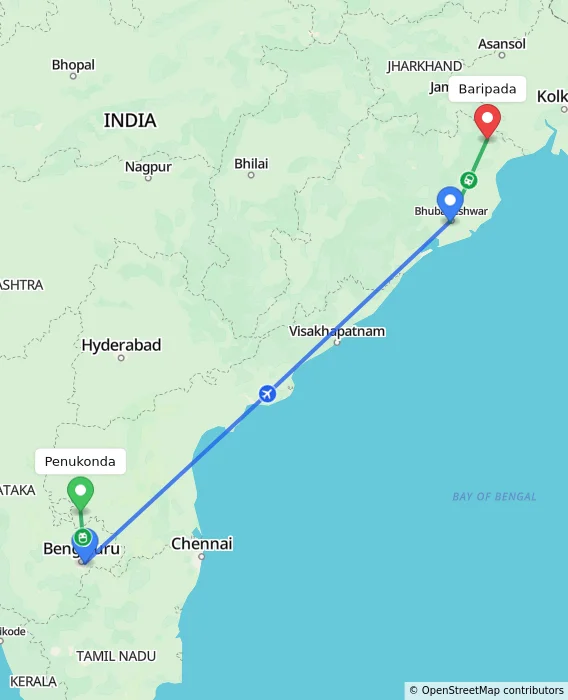 Route map showing distance and travel time from Penukonda, India to Baripada, India