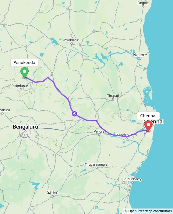 Route map showing distance and travel time from Penukonda, India to Chennai, India