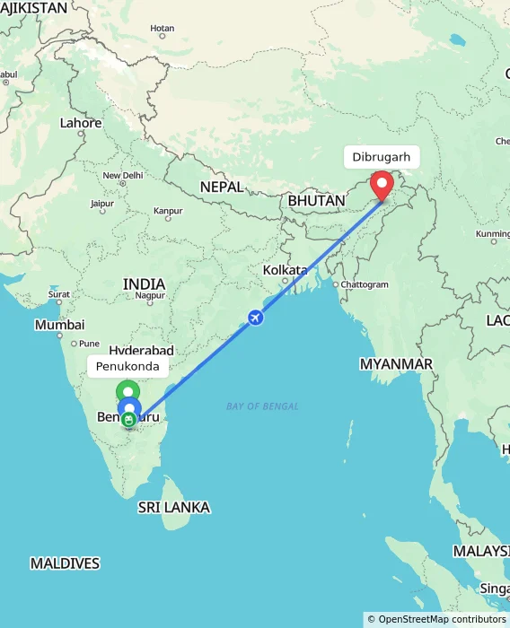 Route map showing distance and travel time from Penukonda, India to Dibrugarh, India