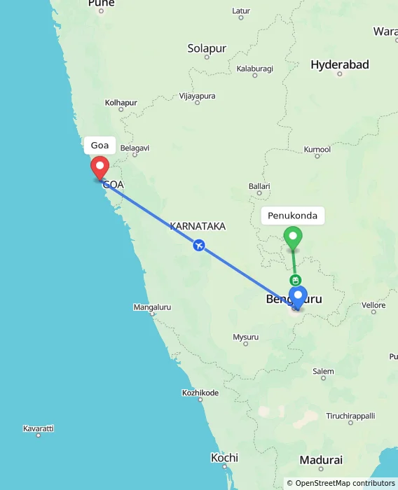 Route map showing distance and travel time from Penukonda, India to Goa, India