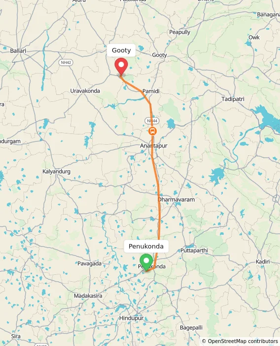 Route map showing distance and travel time from Penukonda, India to Gooty, India