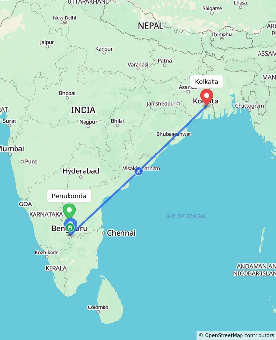 Route map showing distance and travel time from Penukonda, India to Kolkata, India