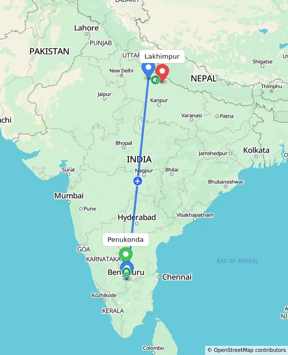Route map showing distance and travel time from Penukonda, India to Lakhimpur, India