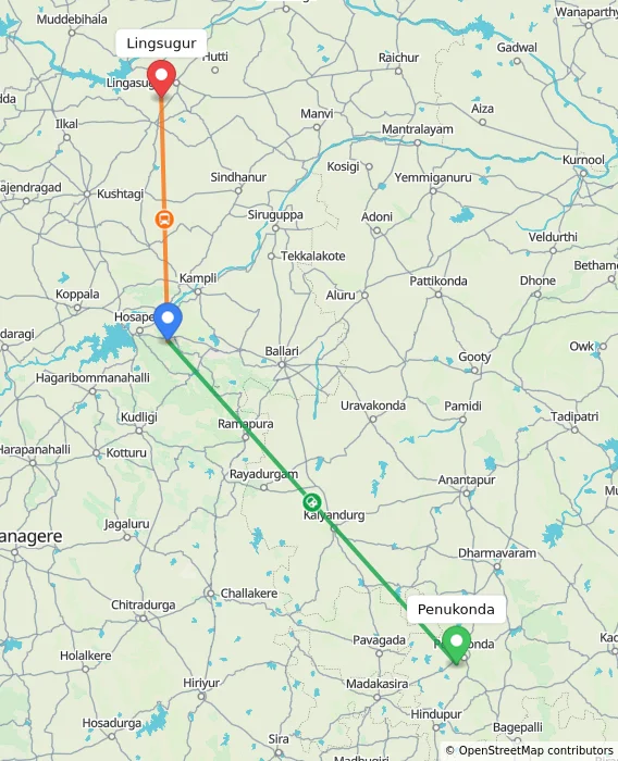 Route map showing distance and travel time from Penukonda, India to Lingsugur, India