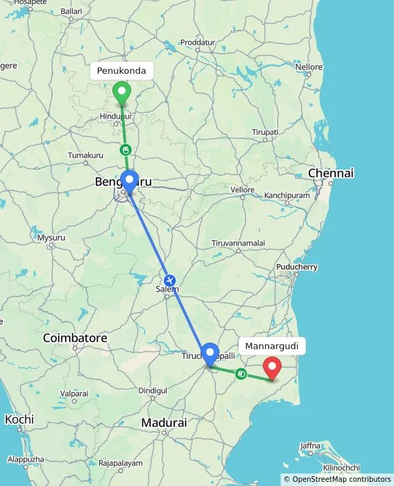 Route map showing distance and travel time from Penukonda, India to Mannargudi, India