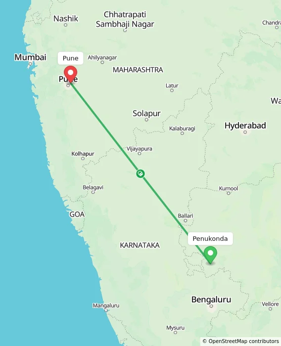 Route map showing distance and travel time from Penukonda, India to Pune, India