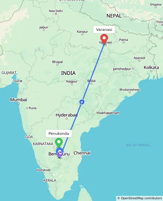 Route map showing distance and travel time from Penukonda, India to Varanasi, India