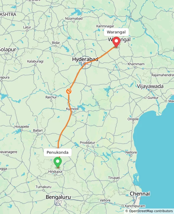 Route map showing distance and travel time from Penukonda, India to Warangal, India